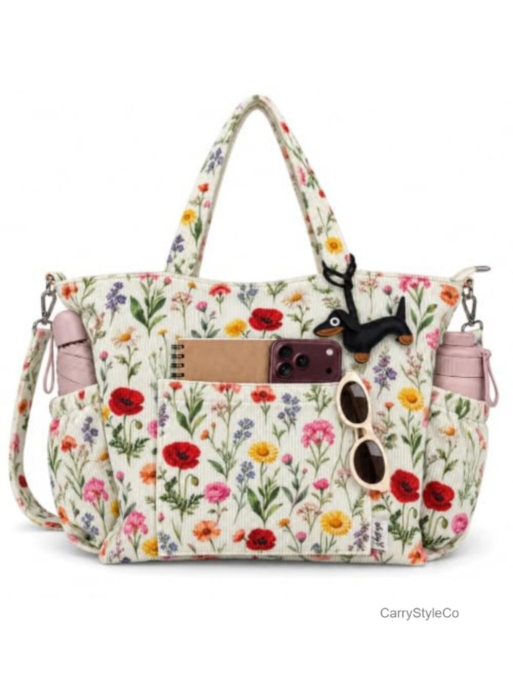 Corduroy Tote Bag for Women Multi-Pocket Adjustable Strap Everyday